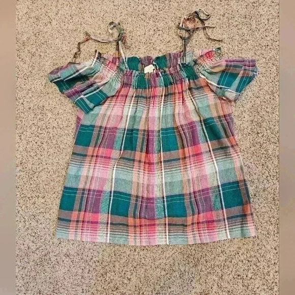 Ann Taylor LOFT Plaid Tie Off The Shoulder Top Size Small in Cool Pine - Picture 3 of 7